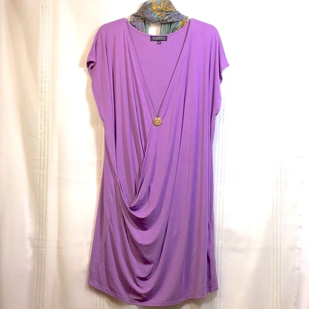 💜 ELOQUII Draped Faux Wrap Drop Shoulder Knee Length Tunic Dress Sz.18/20